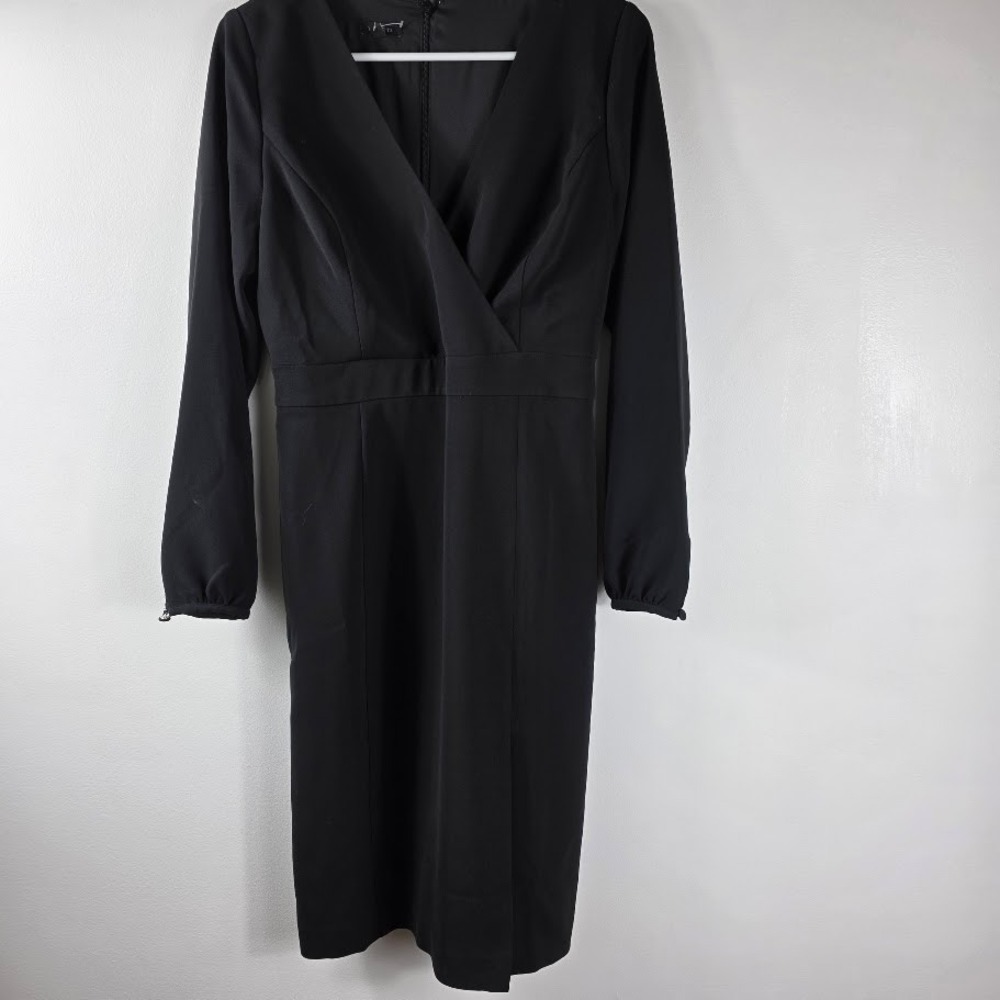 Talbots‎ Black Long Sleeve Wrap Neck Sheath Dress2  Midi Knee Length